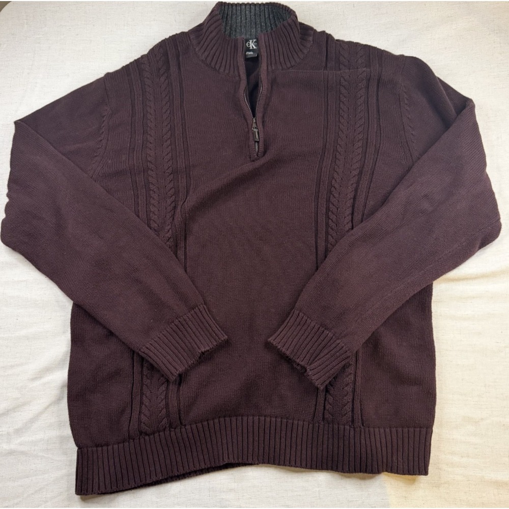 Calvin Klein Quarter Zip Sweater Men's XL Burgundy Plum Cable Knit Pullover